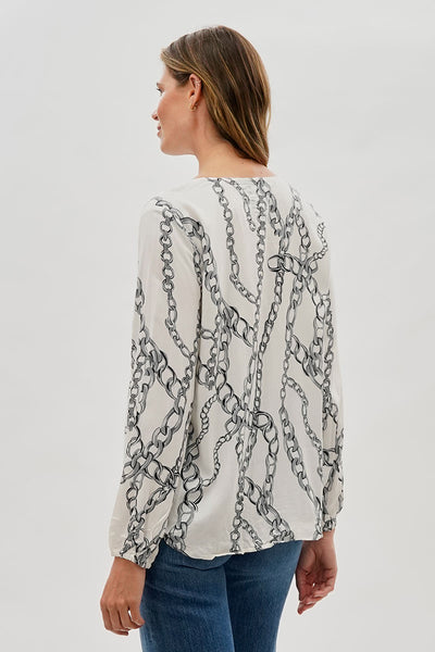 Beechers Brook Chain Print Lace Up Blouse - White - Womens Shirts & Blouses - Fairweather