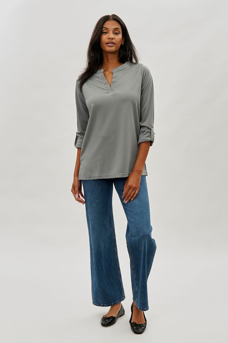 Costa Blanca Split Neck Roll Up Sleeve Blouse - Grey - Womens Shirts & Blouses - Fairweather
