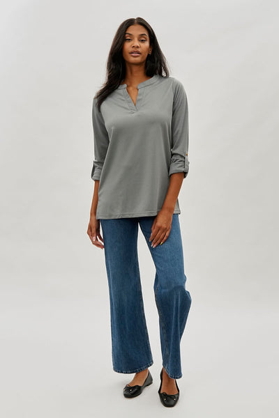 Costa Blanca Split Neck Roll Up Sleeve Blouse - Grey - Womens Shirts & Blouses - Fairweather