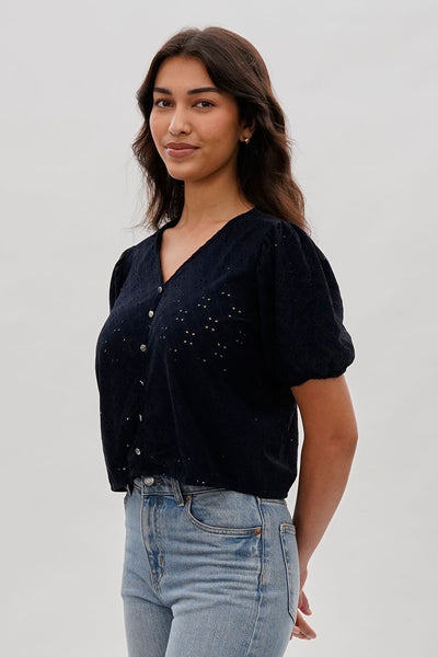 Beechers Brook Button Down Eyelet Blouse - Navy - Womens Shirts & Blouses - Fairweather