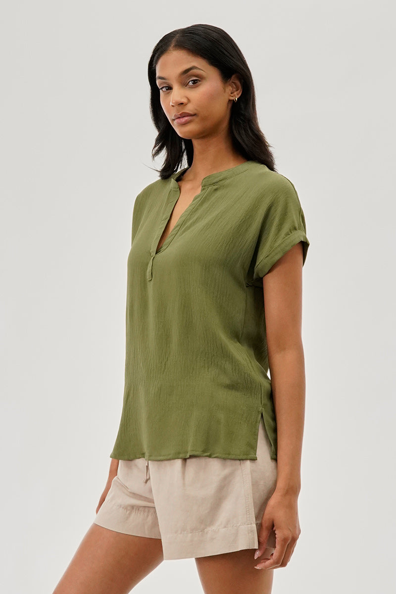 Stylexchange Vintage V-Neck Short Sleeve Blouse - Olive - Womens Shirts & Blouses - Fairweather