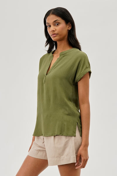 Stylexchange Vintage V-Neck Short Sleeve Blouse - Olive - Womens Shirts & Blouses - Fairweather