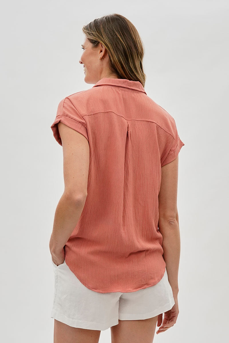 Sylexchange Vintage Short Sleeve Button Down Shirt - Coral - Womens Shirts & Blouses - Fairweather