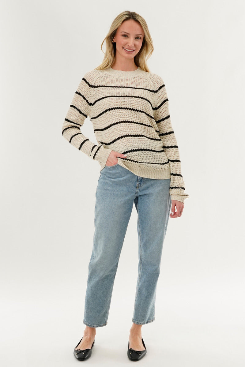 International INC Company Striped Knit Crewneck Pullover Sweater - Cream - Womens Pullover Sweaters - Fairweather