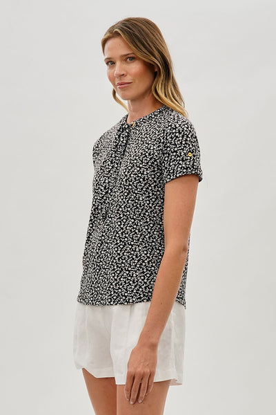 Beechers Brook Floral Tie-Neck Short Sleeve Blouse - Black - Womens Shirts & Blouses - Fairweather