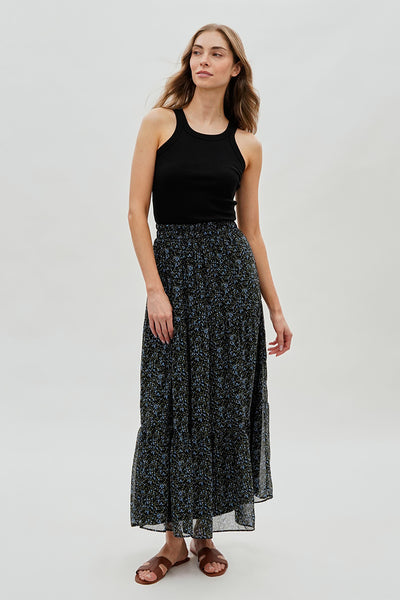 Costa Blanca Floral Tiered Chiffon Maxi Skirt - Black - Womens Skirts - Fairweather