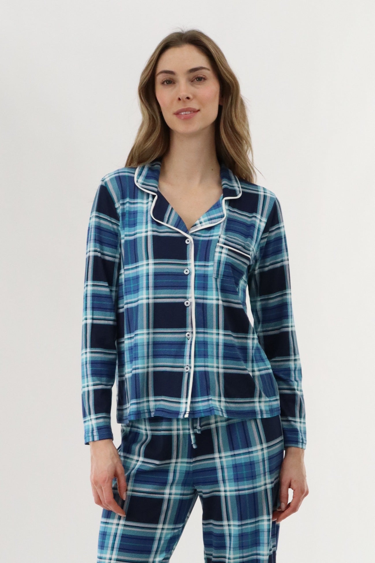 Canada Weather Gear Long Sleeve Button Up Pajama Top - Blue - Womens Pajamas - Fairweather