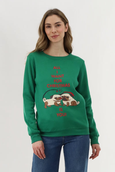 Festive Pugs Christmas Sweater - Green - Womens Christmas Sweaters - Fairweather