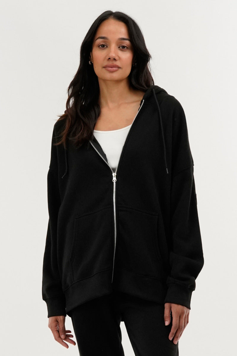 Fahrenheit Zip Up Drop Shoulder Hoodie - Black - Womens Hoodies & Sweatshirts - Fairweather