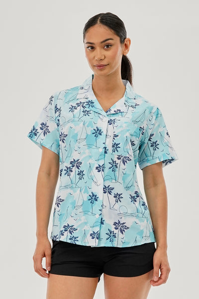 Canada Weather Gear Printed Short Sleeve Button Up Shirt - Aqua - Womens Shirts & Blouses - Fairweather
