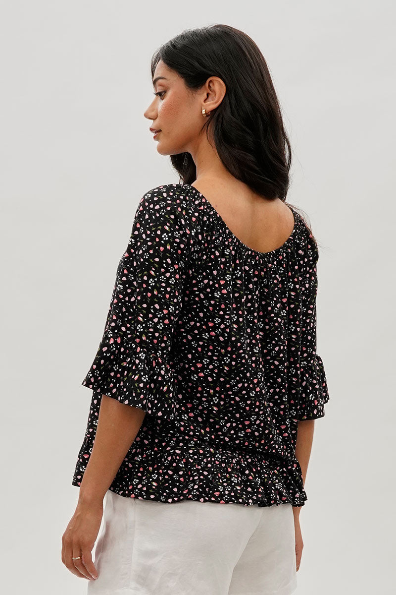 International INC Company Floral Ruffle Hem Blouse - Black - Womens Shirts & Blouses - Fairweather