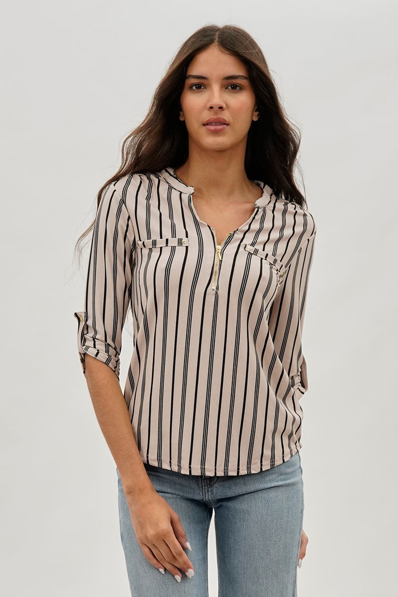 International INC Company Striped 1/4 Zip Blouse - Beige - Womens Shirts & Blouses - Fairweather