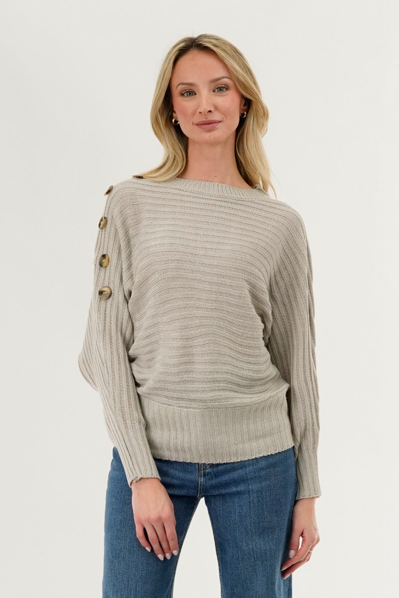 International INC Company Ribbed Button Detail Pullover Sweater - Taupe - Womens Pullover Sweaters - Fairweather