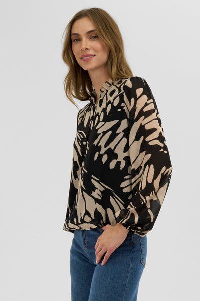 Costa Blanca Patterned Sheer Sleeve Blouse - Black - Womens Shirts & Blouses - Fairweather