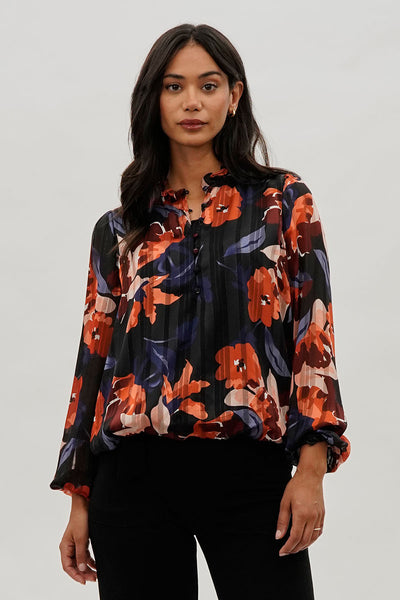 Costa Blanca Floral Sheer Sleeve Blouse - Navy - Womens Shirts & Blouses - Fairweather