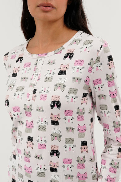 Canada Weather Gear Cat Print Henley Pajama Top - Blush - Womens Pajamas - Fairweather