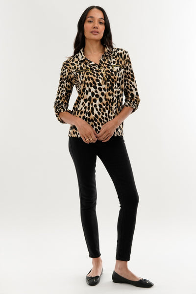 International INC Company Leopard Print Roll Up Sleeve Blouse - Beige - Womens Shirts & Blouses - Fairweather