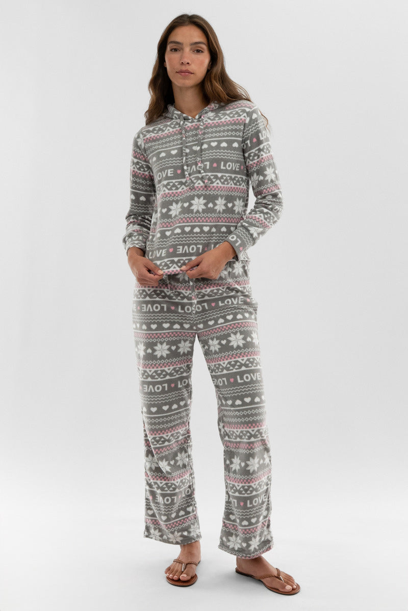 Canada Weather Gear Festive Print Hooded Pajama Top - Grey - Womens Pajamas - Fairweather