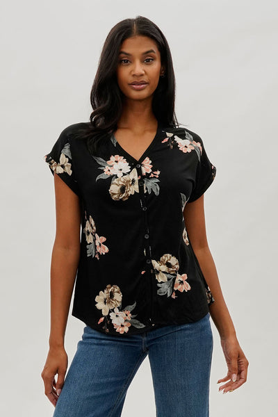 International INC Company Floral Button Up Tee - Black - Womens Tees & Tank Tops - Fairweather