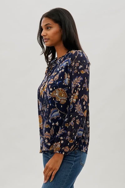 Beechers Brook Floral Tie-Neck Long Sleeve Blouse - Navy - Womens Shirts & Blouses - Fairweather