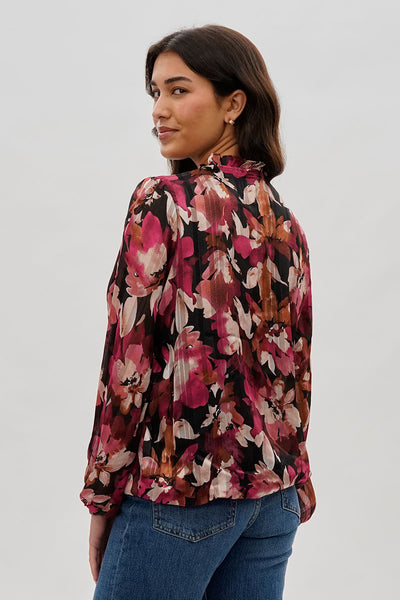 Costa Blanca Floral Ruffle Neck Blouse - Burgundy - Womens Shirts & Blouses - Fairweather