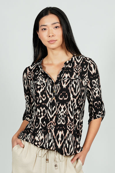 Beechers Brook Patterned Roll Up Sleeve Henley Blouse - Black - Womens Shirts & Blouses - Fairweather
