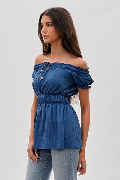 Runaway Bay Cinched Short Sleeve Blouse - Blue - Womens Shirts & Blouses - Fairweather