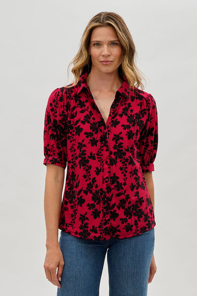 Beechers Brook Floral Puff Sleeve Button Down Blouse - Red - Womens Shirts & Blouses - Fairweather