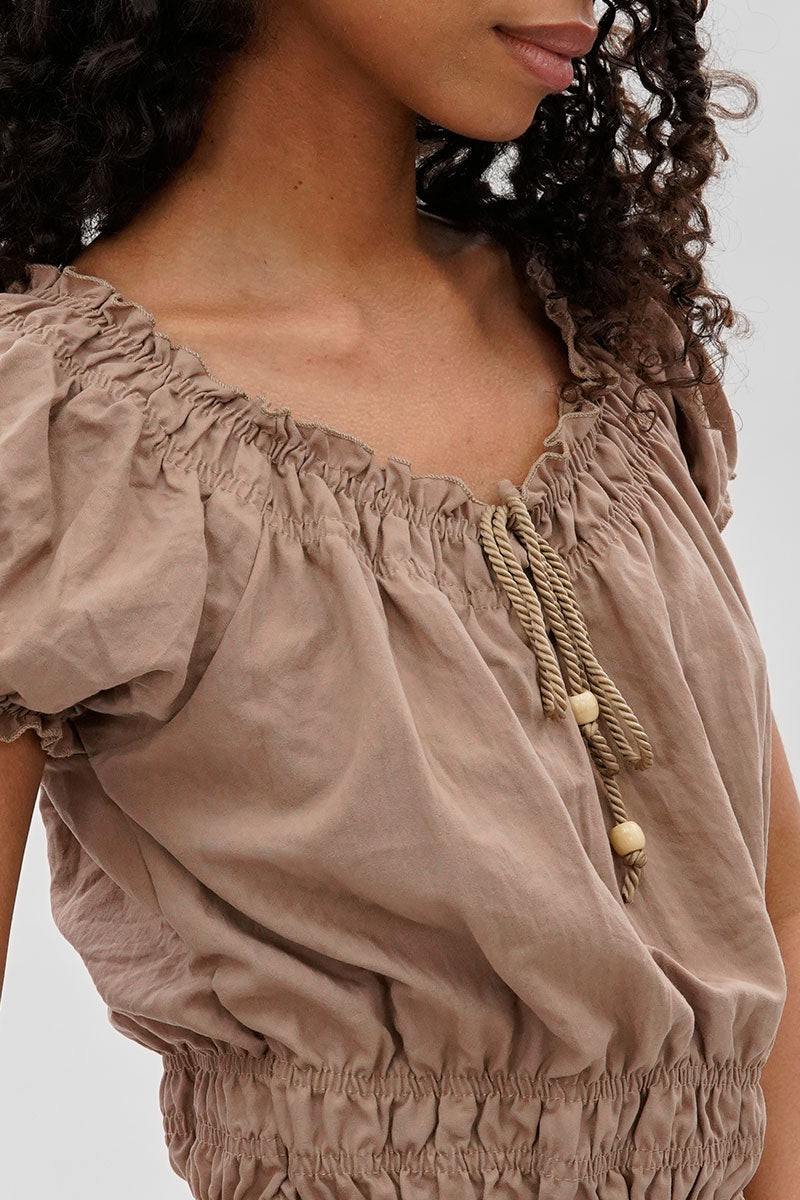 Runaway Bay Cinched Short Sleeve Blouse - Taupe - Womens Shirts & Blouses - Fairweather