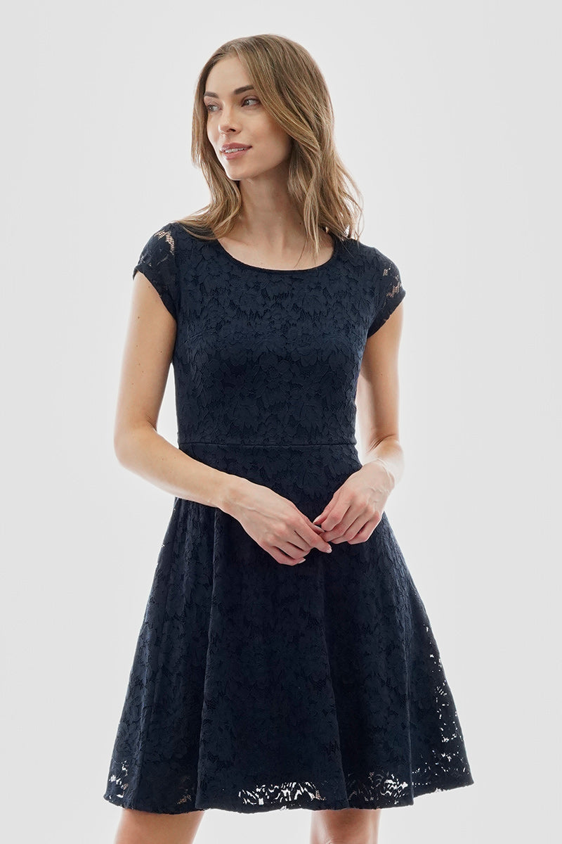 Costa Blanca Floral Lace Cap Sleeve Day Dress - Navy - Womens Day Dresses - Fairweather