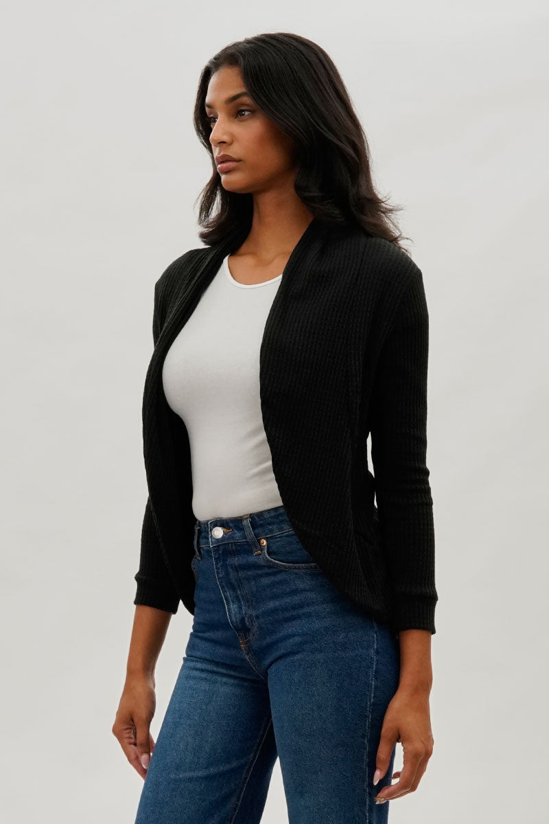 Fahrenheit Waffle Knit 3/4 Sleeve Cardigan - Black - Womens Cardigans - Fairweather