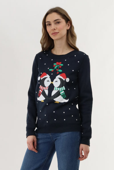 Festive Penguins Christmas Sweater - Navy - Womens Christmas Sweaters - Fairweather