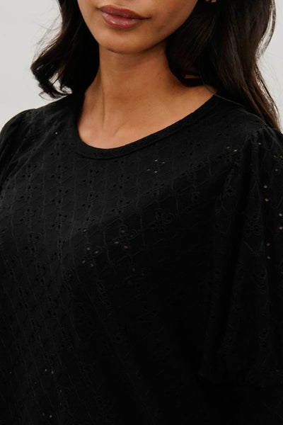 Beechers Brook Eyelet Detail Puff Sleeve Blouse - Black - Womens Shirts & Blouses - Fairweather