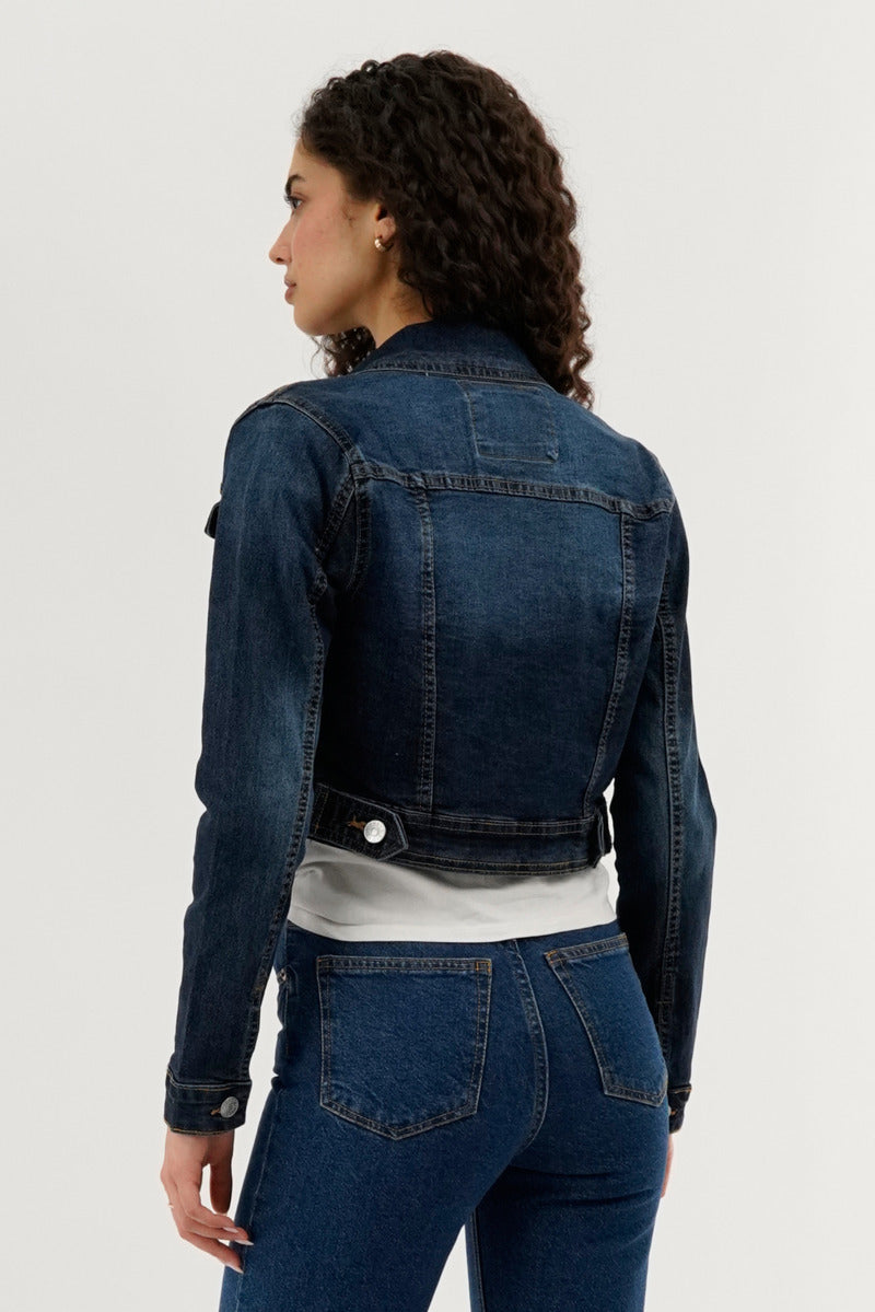 New Look Cropped Button Down Denim Jacket - Navy