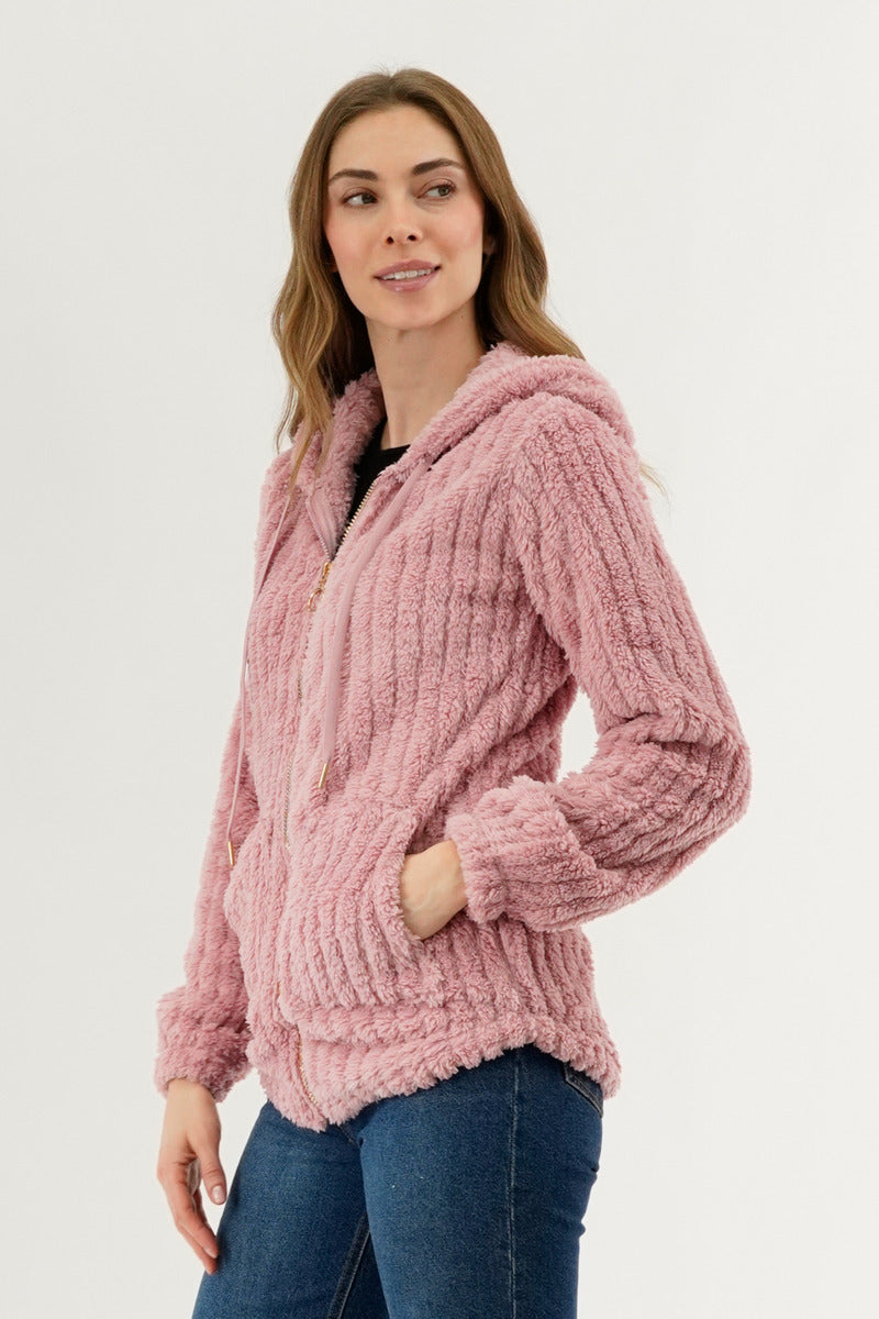 Fahrenheit Plush Hooded Zip Up Lightweight Jacket - Pink