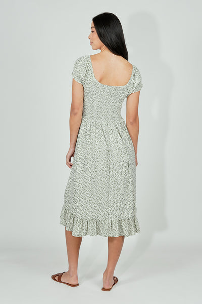 Beechers Brook Floral Short Sleeve Tiered Midi Dress - Olive - Womens Midi Dresses - Fairweather