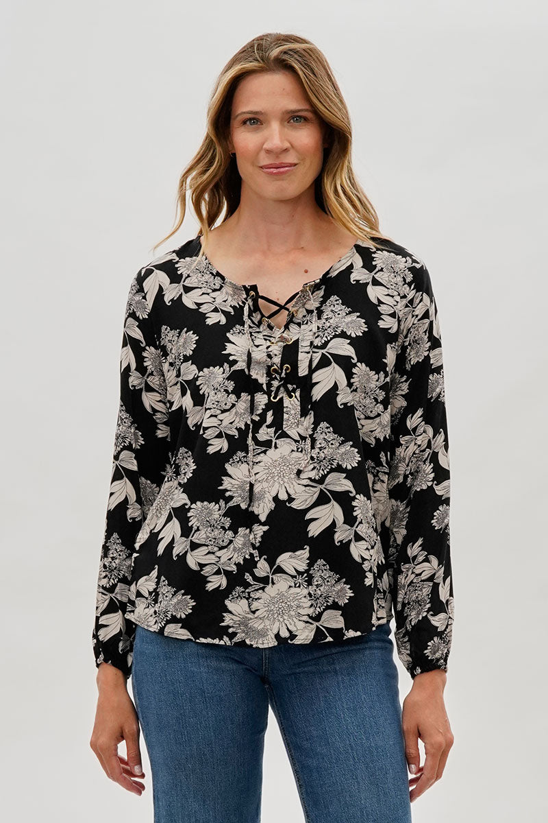 Beechers Brook Floral Lace Up Blouse - Black - Womens Shirts & Blouses - Fairweather