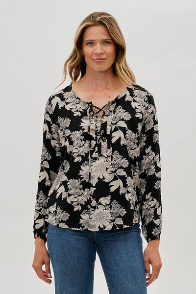 Beechers Brook Floral Lace Up Blouse - Black - Womens Shirts & Blouses - Fairweather