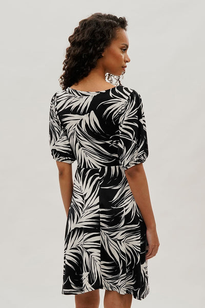 Costa Blanca Leaf Print Square Neck Day Dress - Black - Womens Day Dresses - Fairweather