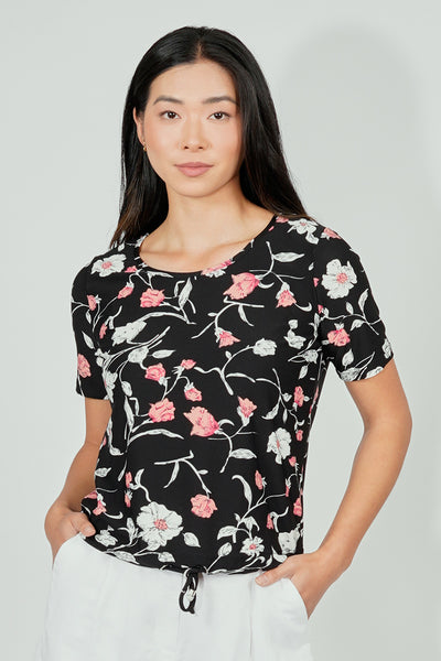 International INC Company Floral Drawstring Detail Tee - Black - Womens Tees & Tank Tops - Fairweather