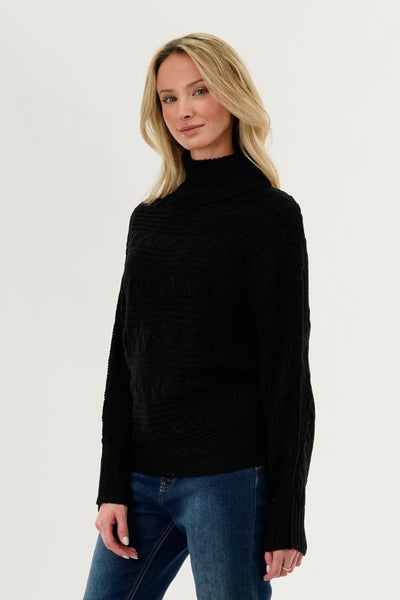 Beechers Brook Cable Knit Mock Neck Pullover Sweater - Black - Womens Pullover Sweaters - Fairweather