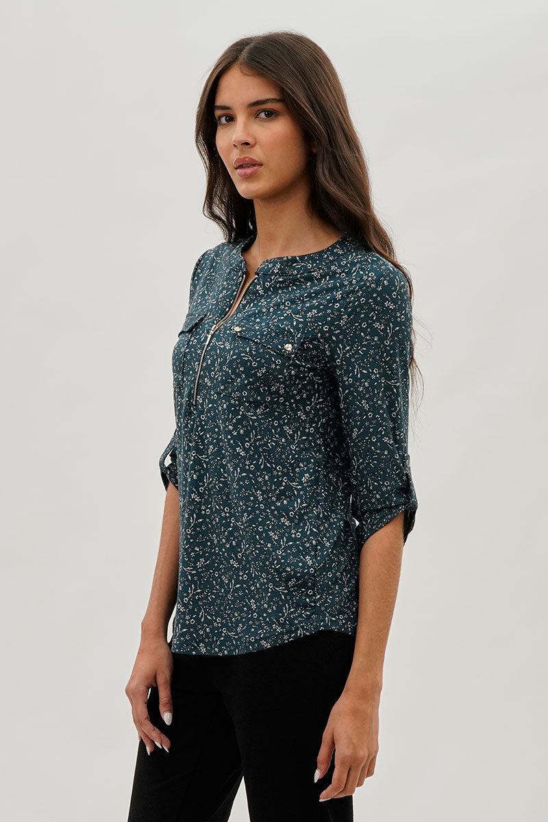 International INC Company Floral Half Zip Blouse - Teal - Womens Shirts & Blouses - Fairweather