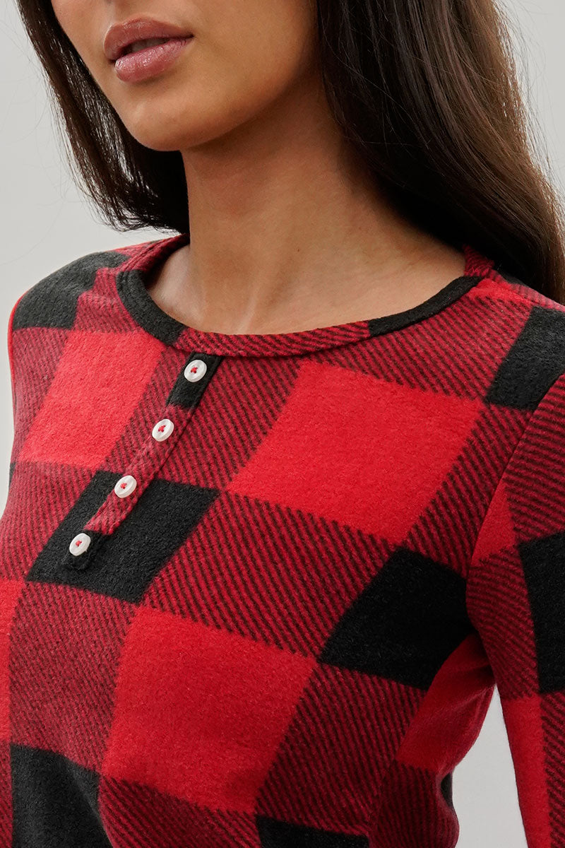 Canada Weather Gear Plaid Henley Pajama Top - Red - Womens Pajamas - Fairweather