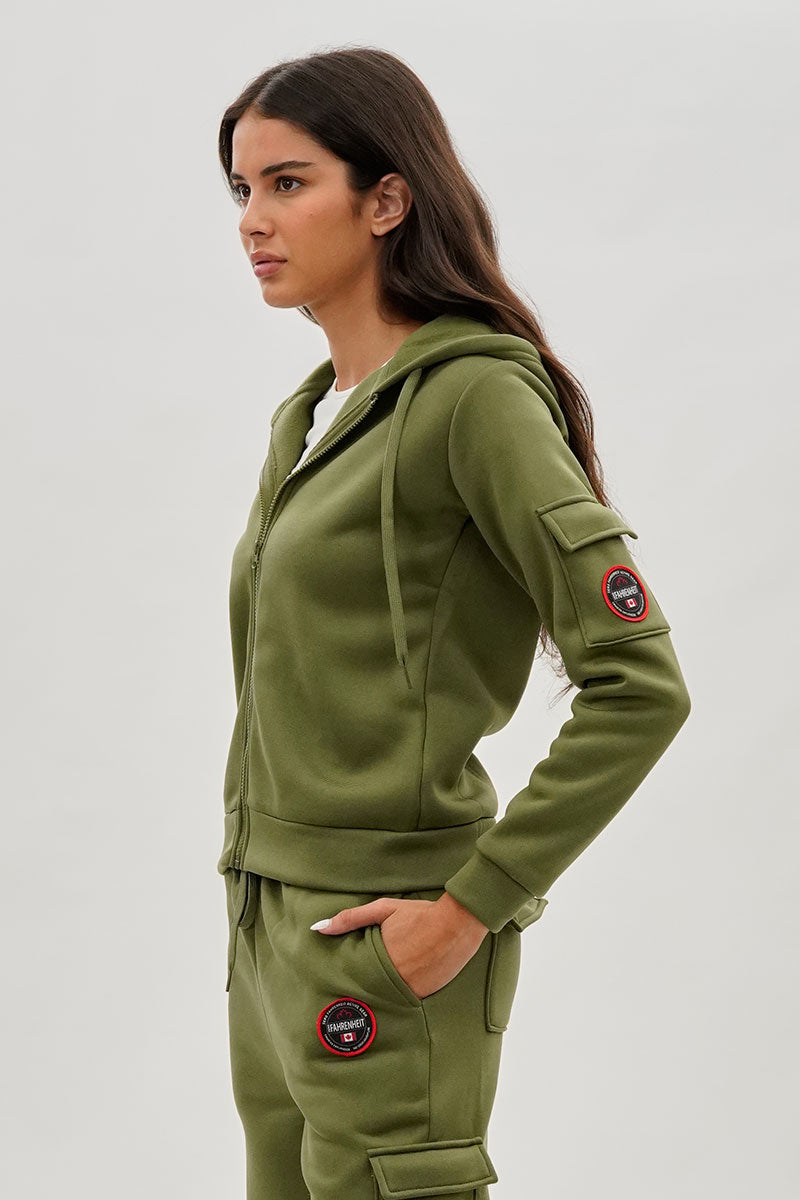 Fahrenheit Utility Pocket Zip Up Hoodie - Olive - Womens Hoodies & Sweatshirts - Fairweather