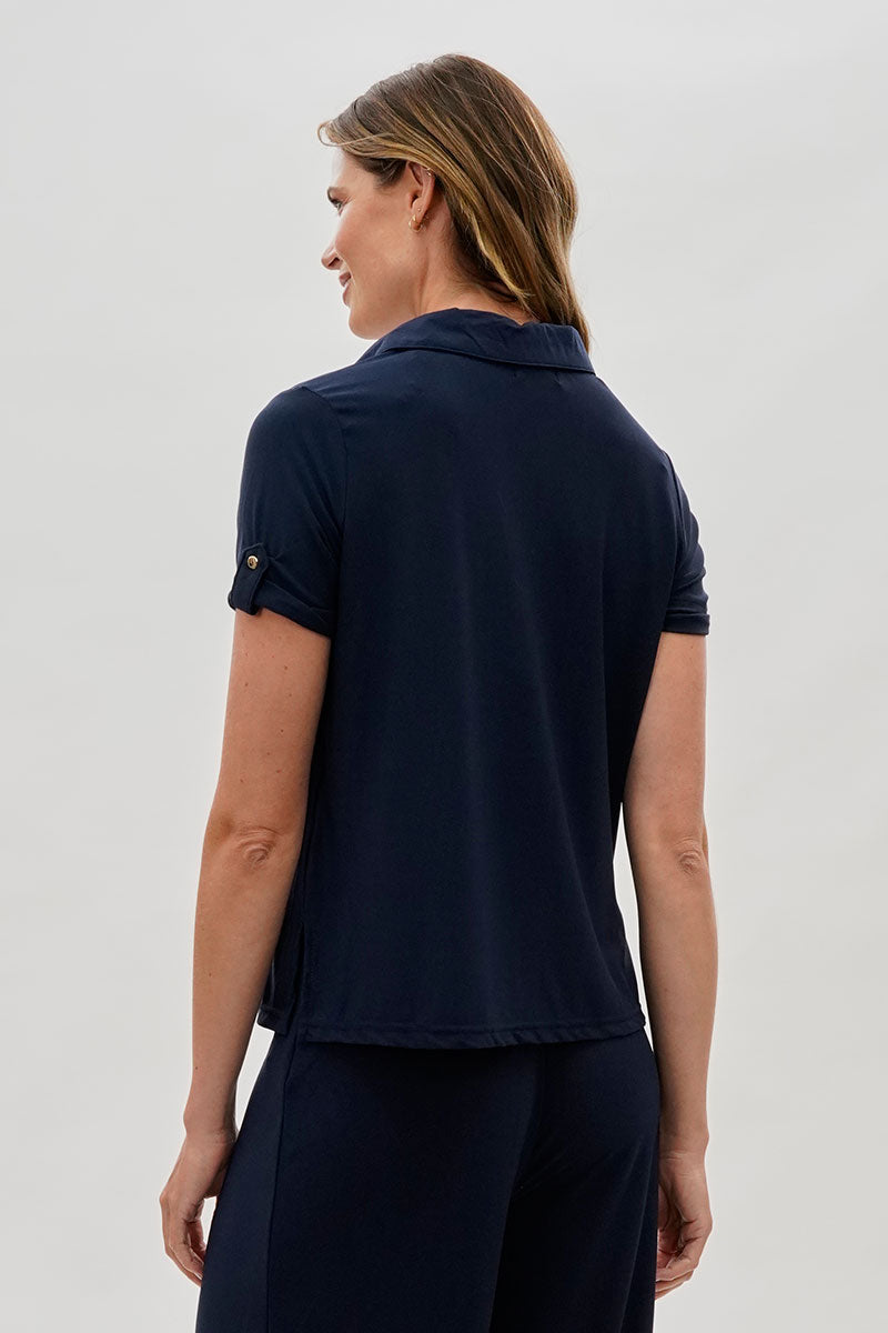 Costa Blanca Short Sleeve Split Neck Blouse - Navy - Womens Shirts & Blouses - Fairweather