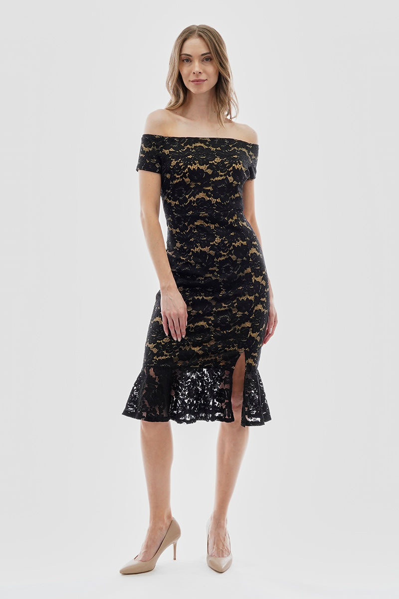 Costa Blanca Lace Off Shoulder Side Slit Cocktail Dress - Black - Womens Cocktail Dresses - Fairweather