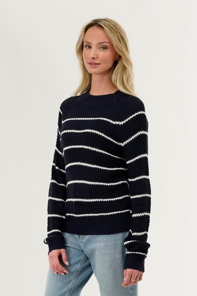 International INC Company Striped Knit Crewneck Pullover Sweater - Navy - Womens Pullover Sweaters - Fairweather