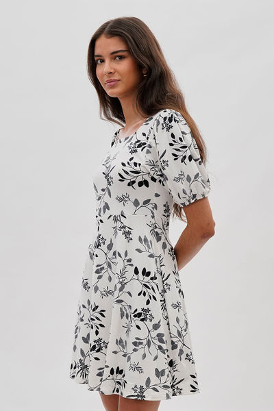 Costa Blanca Leaf Print Square Neck Day Dress - White - Womens Day Dresses - Fairweather