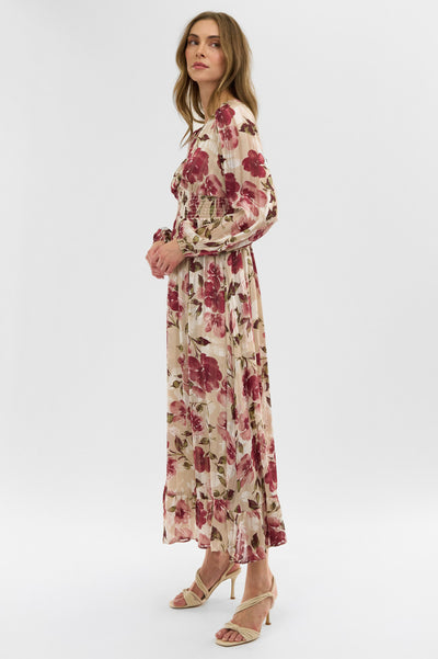 Costa Blanca Floral Long Sleeve Chiffon Maxi Dress - Beige - Womens Maxi Dresses - Fairweather