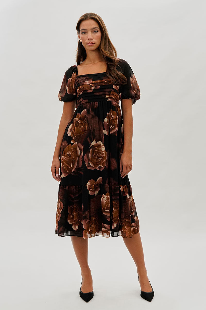 Beechers Brook Floral Pleated Square Neck Midi Dress - Black - Womens Midi Dresses - Fairweather